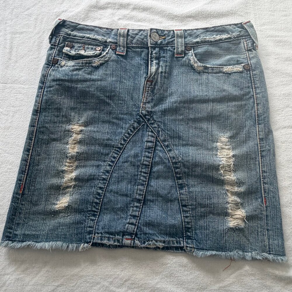 True Religion Distressed Frayed Denim Jean Mini Skirt - Size 30 - EUC